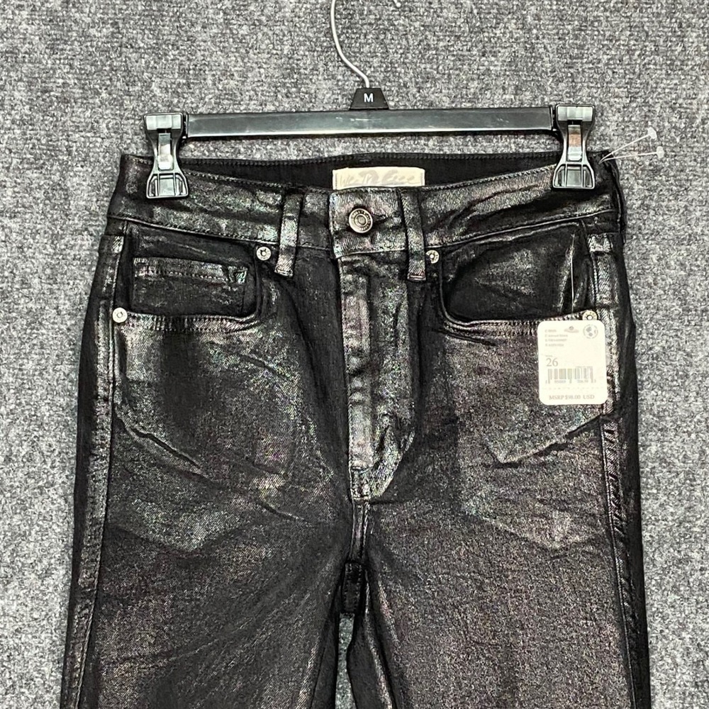 We The Free Coated Black Skinny Jeans Size 26 Distressed Hem High Rise NWT $98